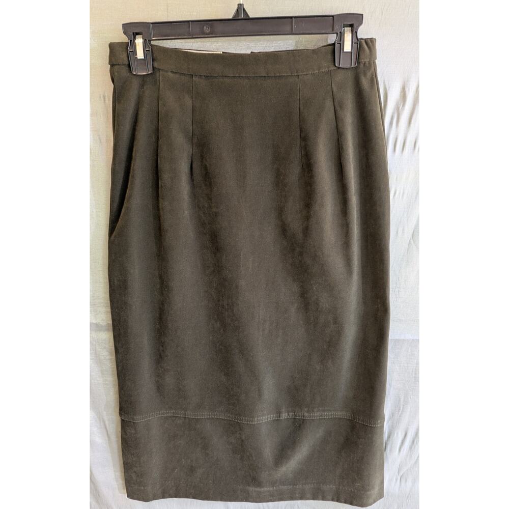 Vtg Rebecca Thomas Pencil Skirt Sz Small Faux Suede w/ Slits Dark Army Green